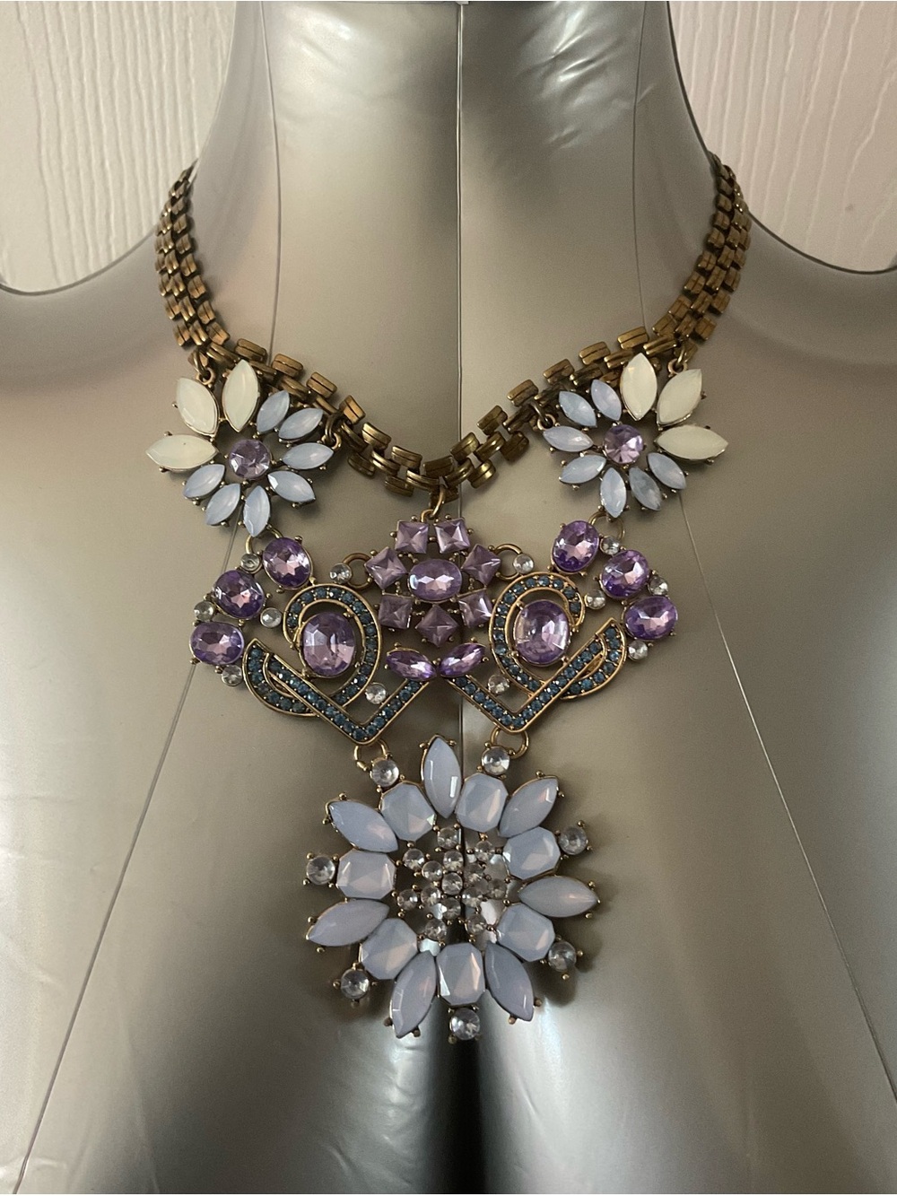 Gold Tone Statement Link Necklace Purple White Crystal Floral Cluster, 18 in.